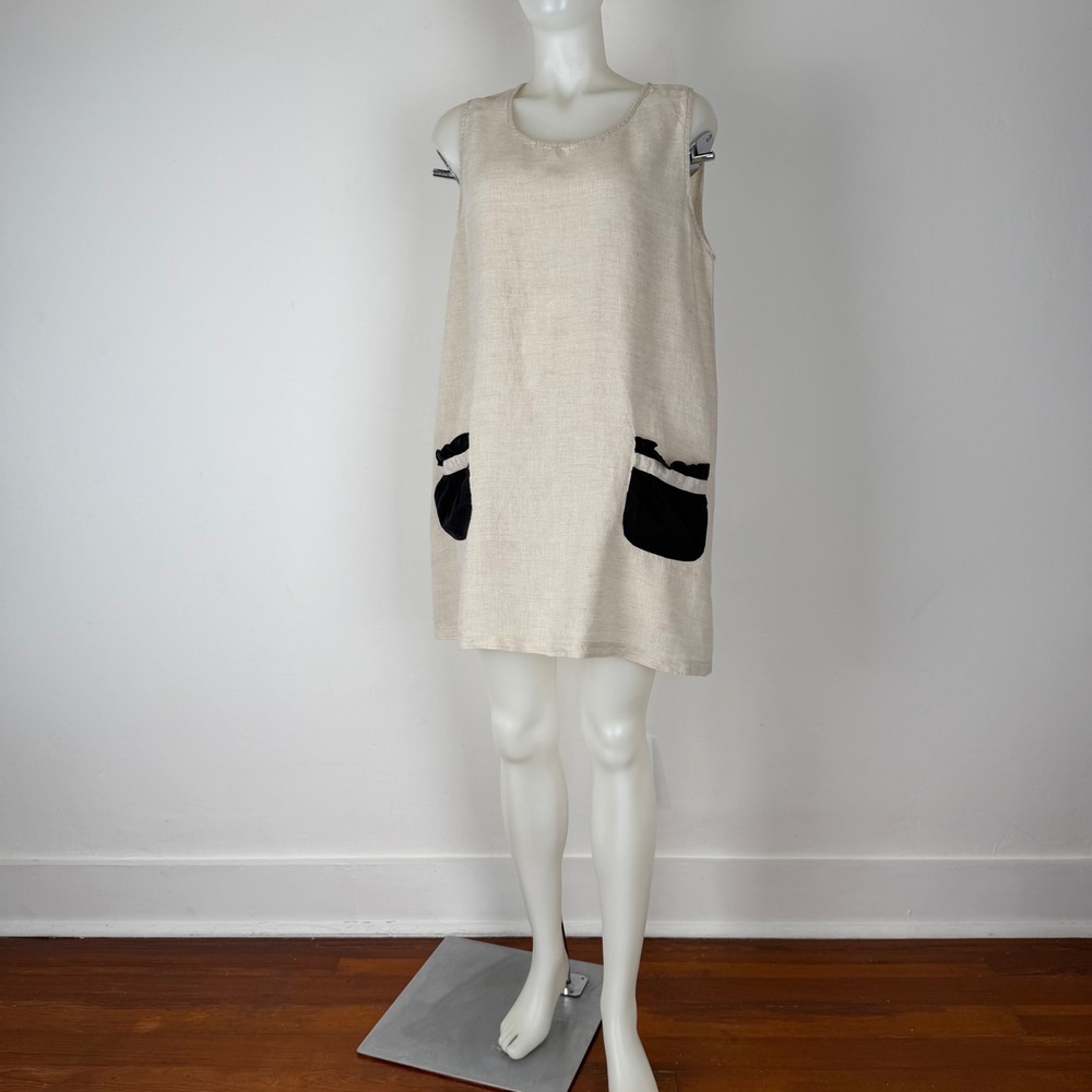 Match Point 100% Linen Shift Dress XL Oatmeal Beige Black Ruffle Pocket